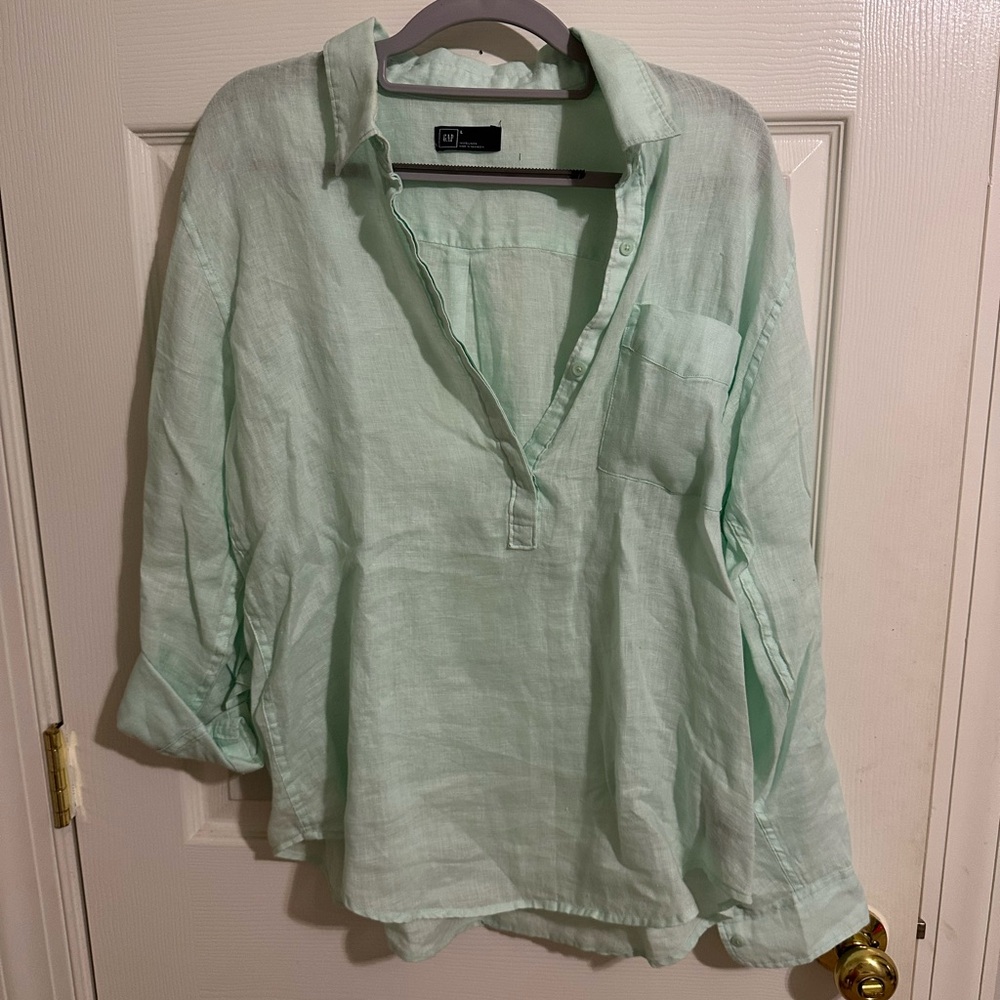 Gap Light Teal 100% Linen Blouse